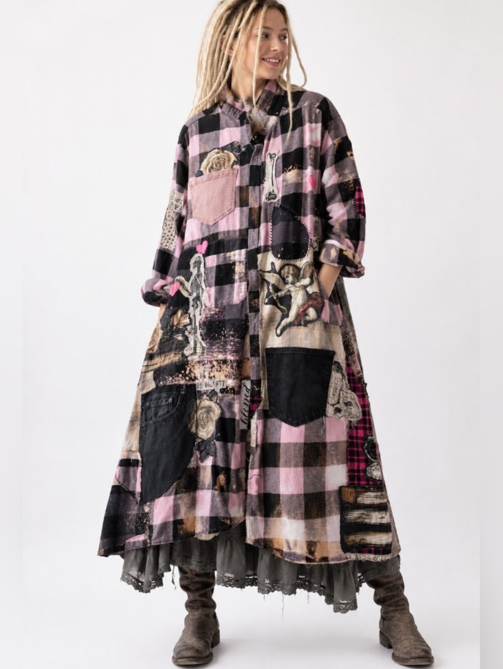 Designer Upcycled Kimono Duster Buttondown Flannel Top Artisan Cottage Appliqué - Picture 3 of 16